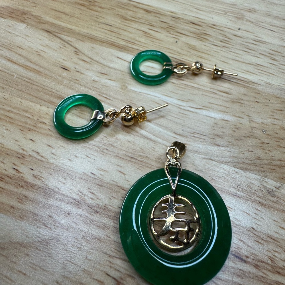 Green and 18KGP Gold Pendant and Earring Set